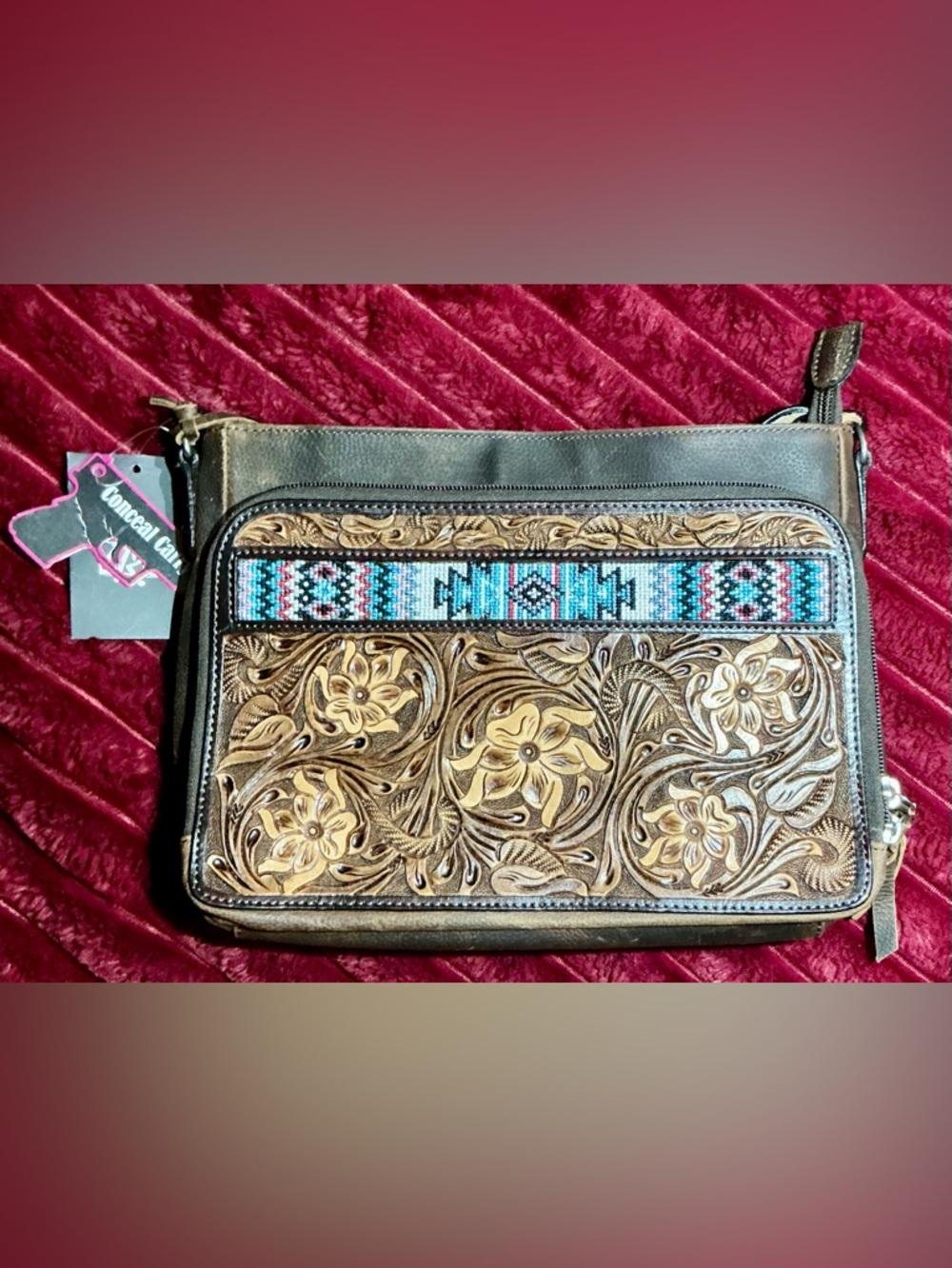 Tooled Brown Leather Crossbody Bag with Turquoise Beaded Accent